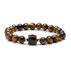 CB00396 Tiger Eye Natural Stone Beaded Bracelet with Tiger Eye and Blue Goldstone, 8mm Diameter
