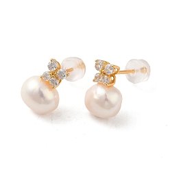 Real 18K Gold Plated Sterling Silver Dangle  Earrings, with Natural Pearl, Cubic Zirconia, Jewely for Women, Half Round, Real 18K Gold Plated, 16x9mm