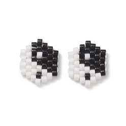 Black Handmade Japanese Seed Beads, Loom Pattern, Hexagram with Tai Ji, Black and White, 12x9.5x1.5mm