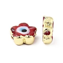 FireBrick Handmade Evil Eye Lampwork Beads, with Brass Findings, Cadmium Free & Lead Free, Flower, FireBrick, 12x11.5x5.5mm, Hole: 1.8mm
