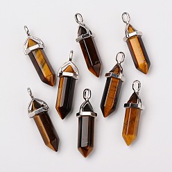 Tiger Eye Natural Tiger Eye Double Terminated Pointed Pendants, with Random Alloy Pendant Hexagon Bead Cap Bails, Bullet, Platinum, 37~40x12mm, Hole: 3mm