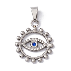 Stainless Steel Color 304 Stainless Steel Pendants, with Sapphire Rhinestone, Ring with Horse Eye, Stainless Steel Color, 24x20x2mm, Hole: 6.5x3mm