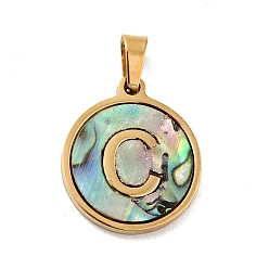 Letter C Vacuum Plating 304 Stainless Steel with Paua Shell Pendants, Golden, Flat Round with Letter Charm, Letter.C, 18x16x1.5mm, Hole: 3x6mm