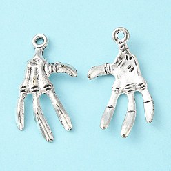 Antique Silver Tibetan Style Alloy Skeleton Hand Pendants for Halloween, Antique Silver, Lead Free & Cadmium Free & Nickel Free, 32x19x3mm, Hole: 2mm