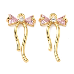 Бледно-Розовый Латунные микро проложить кубического циркония подвески, бантом прелести, без никеля , реальный 18 k позолоченный, розовый жемчуг, 22x12x4 мм, отверстие : 1.4 мм