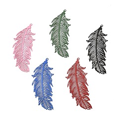 Mixed Color Spray Painted 430 Stainless Steel Pendants, Etched Metal Embellishments, Leaf Charm, Mixed Color, 47x18.5x0.3mm, Hole: 1.2mm