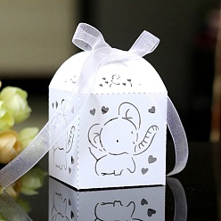 White Rectangle Foldable Creative Paper Gift Box, Elephant Pattern Candy Box with Ribbon, Decorative Gift Box for Wedding, White, Fold: 5x5x8cm