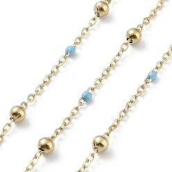 Light Sky Blue Ion Plating(IP) 304 Stainless Steel Cable Chain, with Enamel, Soldered, Light Sky Blue, Beads: 3.5~3.6x3.5mm, Link: 5x2x2mm and 2x1.5x0.3mm