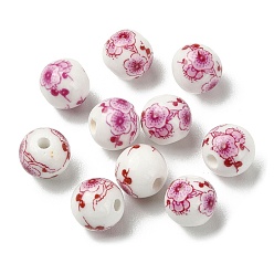 Flamingo Handmade Printed Porcelain Round Beads, with Flower Pattern, Flamingo, 10mm, Hole: 2mm