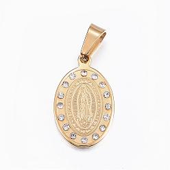 Golden 304 Stainless Steel Rhinestone Pendants, Flat Oval with Virgin Mary, Golden, 21x13x2mm, Hole: 7x4mm