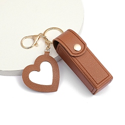 Saddle Brown PU Leather Lipstick Storage Bags, Portable Lip Balm Organizer Holder for Women Ladies, with Light Gold Tone Alloy Keychain and Mirror, Heart, Saddle Brown, 9x2.5cm