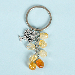 Citrine Natural Citrine Keychains, with Alloy Tree of Life Charms and Keychain Ring Clasps, 83mm