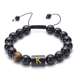 K Natural Black Agate Beaded Bracelet Adjustable Women's Handmade Alphabet Stone Strand Jewelry