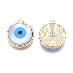 Deep Sky Blue Shell Pendants, with Real 18K Gold Plated Brass Findings and Synthetic Turquoise, Nickel Free, Flat Round with Evil Eye, Deep Sky Blue, 15.5x13x3.5mm, Hole: 1.2mm