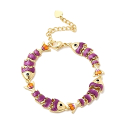 Темно-Фиолетовый Латунные браслеты-цепочки с микропаве из кубического циркония для женщин, рыба, с эмалью, стойки покрытие, долговечный, без кадмия и без свинца, реальный 18 k позолоченный, темно-фиолетовый, 6.18 дюйм (15.7 см)