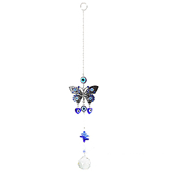 Blue K9 Crystal Glass Big Pendant Decorations, Hanging Sun Catchers, with Metal Hook, Butterfly with Evil Eye, Blue, 440~490x68mm