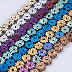 Mixed Color Electroplate Non-magnetic Synthetic Hematite Beads Strands, Frosted, Flat Round with Flower, Mixed Color, 6x2mm, Hole: 1mm, about 66pcs/strand, 15.9 inch(40.5cm)