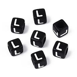 Letter L Начальные акриловые бусины с горизонтальной дырочкой, кубические, чёрные, Письмо L, 6x6x6 мм, отверстие : 3.5 мм, 3330 шт / 500 г