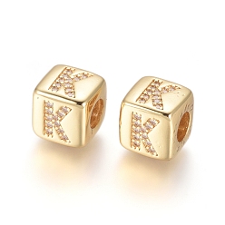 Letter K Brass Micro Pave Cubic Zirconia European Beads, Horizontal Hole, Large Hole Beads, Long-Lasting Plated, Cube with Letter, Golden, Clear, Letter.K, 9x9x9.5mm, Hole: 4.5mm