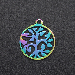 Rainbow Color Ion Plating(IP) 201 Stainless Steel Pendants, Ring with Tree of Life, Laser Cut, Rainbow Color, 16.5x14x1mm, Hole: 1.5mm
