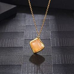 Golden Natural Rose Quartz Rhombus Pendant Necklace with Brass Chains, Golden, 17.72 inch(45cm)