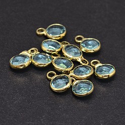 Sky Blue Glass Flat Round Charm, with Golden Plated Brass Findings, Faceted, Sky Blue, 9x6x3mm, Hole: 2mm