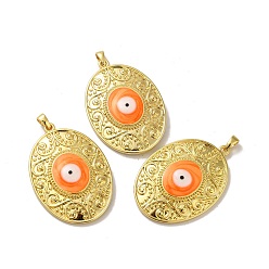 Темно-Оранжевый Стойки обшивки латунные подвески, с эмалью, долговечный, без свинца и без кадмия, реальный 18 k позолоченный, овал со злыми глазами, темно-оранжевый, 50.5x35x9.5 мм, отверстие : 6x3 мм