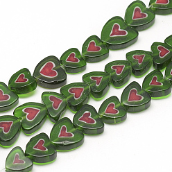 Green Handmade Lampwork Beads Strands, Heart, Green, 8~14x8~14x3~4mm, Hole: 1mm, about 36pcs/strand, 15.7 inch
