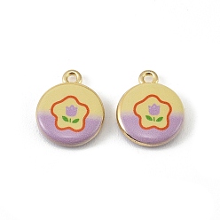 Light Gold Печатные подвески сплава, плоские круглые подвески с цветочным узором, долговечный, стойки покрытие, золотой свет, 18x14.5x3.5 мм, отверстие : 1.8 мм