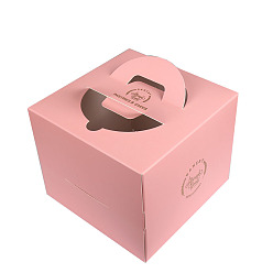 Pink Individual Kraft Paper Tall Cake Boxes, Bakery Single Cake Packing Box, Square with Clear Window and Handle Suitable for 10 Inch Cake, Pink, 305x305x170mm