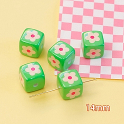 Vert Printanier Perles acryliques imprimés opaques, cube avec motif de fleurs, vert printanier, 14x14mm