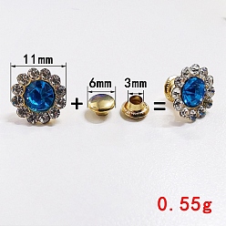 Blue Alloy Flower Cap Rivets Studs, with Rhinestone, for Clothes Bag Shoes Leather Craft, Blue, 11x8.5mm