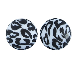 White Round with Leopard Print Pattern Food Grade Silicone Beads, Silicone Teething Beads, White, 15mm