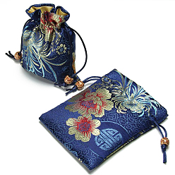 Dark Blue Chinese Style Flower Pattern Satin Jewelry Packing Pouches, Drawstring Gift Bags, Rectangle, Dark Blue, 14.5x10.5cm