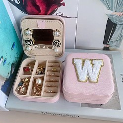 Letter W Letter Imitation Leather Jewelry Organizer Case with Mirror Inside, for Necklaces, Rings, Earrings and Pendants, Square, Pink, Letter W, 10x10x5.5cm