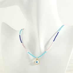 white eyes Colorful Glass Bead Necklace with Devil Eye Oil Pendant - Fashionable, Luxurious.