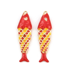 Red Brass Enamel Pendants, Fish Charms, with Rhinestone, Real 18K Gold Plated, Red, 29x8x4.5mm, Hole: 0.8mm