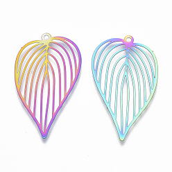 Rainbow Color Ion Plating(IP) 201 Stainless Steel Filigree Pendants, Etched Metal Embellishments, Leaf, Rainbow Color, 42.5x25.5x0.4mm, Hole: 1.6mm
