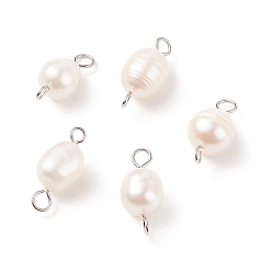 Stainless Steel Color Natural Cultured Freshwater Pearl Beads Connector Charms, with 304 Stainless Steel Double Loops, White, Oval, Stainless Steel Color, 18~18.5x8~9mm, Hole: 2~3mm