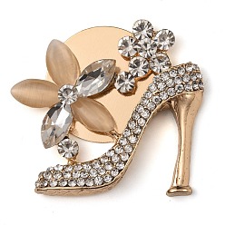Light Gold Alloy Glass Rhinestone Cabochons, with Resin, High-heeled Shoes with Flower, Light Gold, 37.5x42x6.5mm
