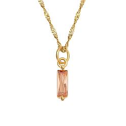 PeachPuff Birthstone Style Cubic Zirconia Rectangle Pendant Necklaces, Golden Titanium Steel Necklace, PeachPuff, 17.72 inch(45cm)