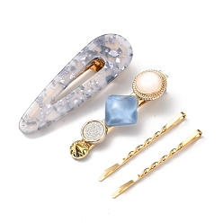 Steel Blue Iron Alligator Hair Clips Sets, with Cellulose Acetate(Resin), Teardrop & Flat Round and Rhombus, Golden, Steel Blue, 55~69x5~23.5x2~16mm, 4pcs/set