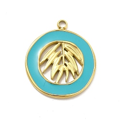 Sky Blue 304 Stainless Steel Enamel Pendants, Golden, Flat Round with Leaf Charm, Sky Blue, 18x16x1mm, Hole: 1.6mm