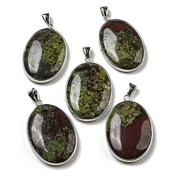 Dragon Blood Natural Dragon Blood Jasper Pendants, Oval Charms with Platinum Plated Brass Edge and Iron Snap on Bails, 39.5~40.5x25.5~26.5x7mm, Hole: 7.5x3.8mm