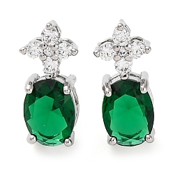 Зеленый Латунные серьги-гвоздики с цветком и овалом из кубического циркония для женщин, платина, зелёные, 15x7 мм