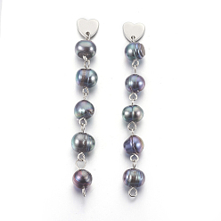 Midnight Blue Natural Freshwater Pearl Beads Ear Studs, with 304 Stainless Steel Findings, Midnight Blue, 68~72mm, Pin: 0.7
