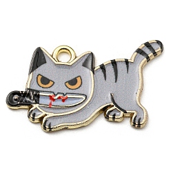 Gray Printed Alloy Pendants, with Enamel, Golden, Cadmium Free & Nickel Free & Lead Free, Cat with Knife Shape Charms, Gray, 17x29x1.5mm, Hole: 2mm