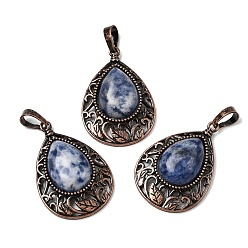 (306FM) Жонкиль матовый с лаймовой подкладкой Подвески-капли из натуральной яшмы с голубым пятном, с винтажной латунной рамкой красного медного оттенка, 34.5x23.5x7.5 мм, отверстие : 8x5 мм