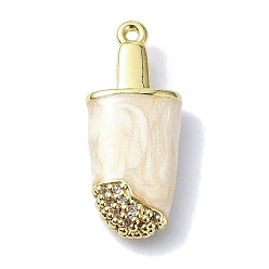 (404) Непрозрачное AB Кислое яблоко Подвески из кубического циркония с покрытием из латуни, с эмалью, мороженое, долговечный, без свинца и без кадмия, реальный 18 k позолоченный, цветочный белый, 21x8.5x4.3 мм, отверстие : 0.9 мм