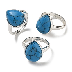 Содалитовое Синтетический содалит каплевидные регулируемые кольца, без свинца и без кадмия, посеребренные латунные перстни для женщин и мужчин, слеза: 18.5x14 мм, внутренний диаметр: 18 мм